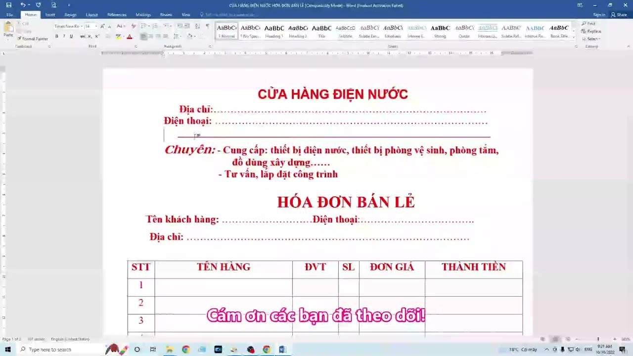 Tạo hóa đơn bán lẻ bằng mẫu có sẵn bằng word - youtube