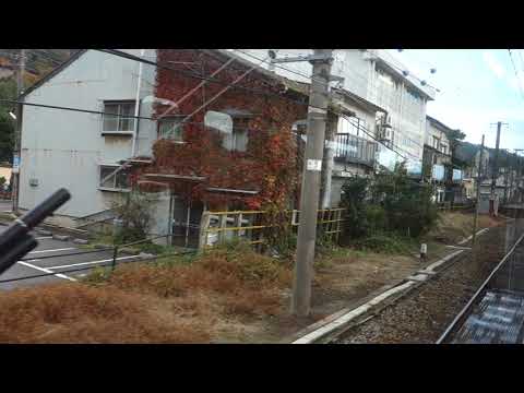 キハ47気動車・車内からの城崎温泉駅到着