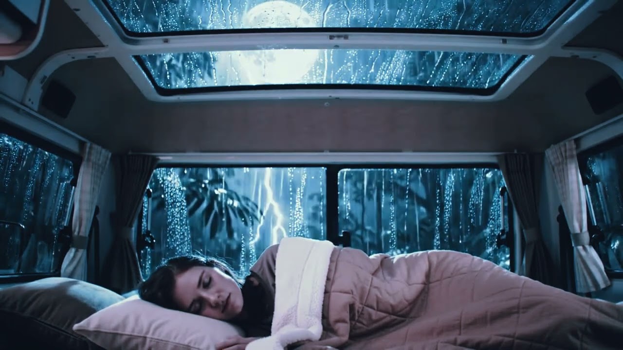 Rainy Jungle Night Inside Camper Van | Girl Sleeps Calmly Under Moonlight