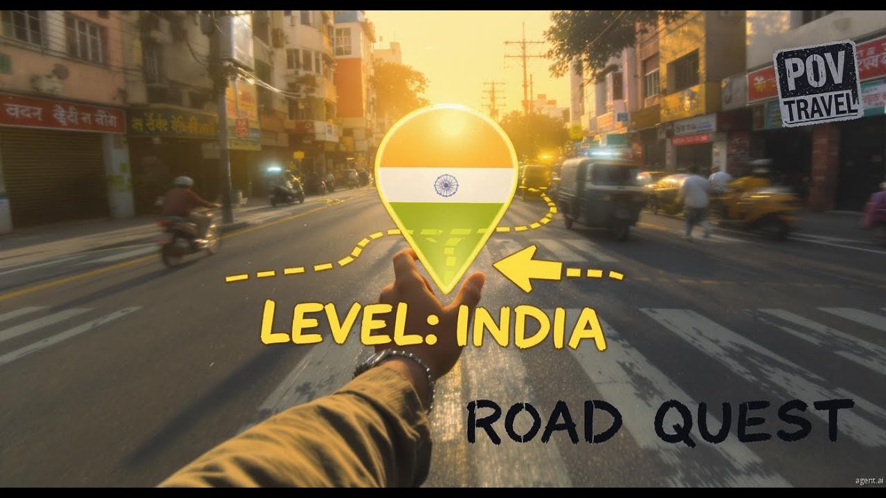 A travel vlogger crossing a busy road in India, handheld realistic style
