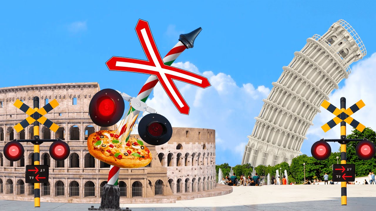 踏切アニメ】イタリアのピザパーティーふみきり♪＼ピサの斜塔
