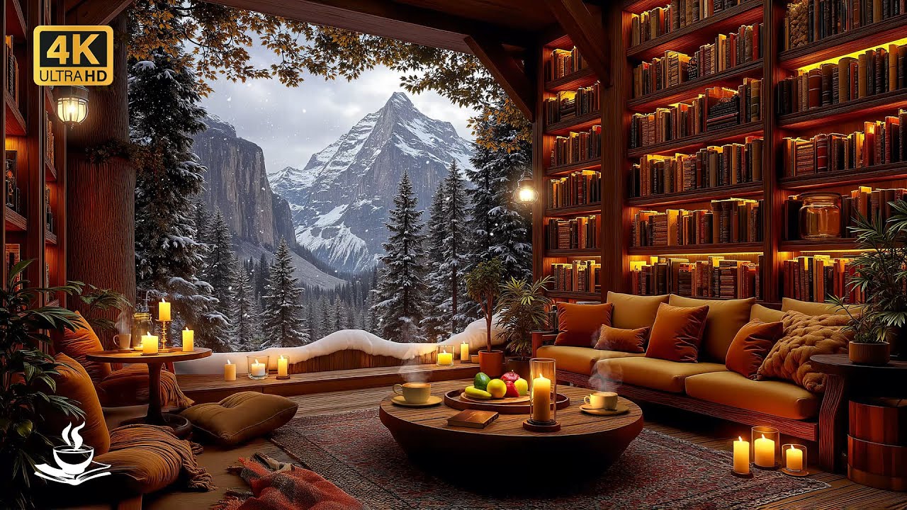 Warm Winter Library Jazz with Peaceful Snowfall ❄️ Cozy Candle Glow Ambience for Deep Study Focus