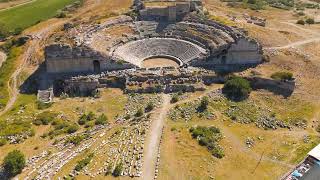 Balat, Turkey. Aerial drone approach to ancient Theatre of Miletus filling the frame with view of...