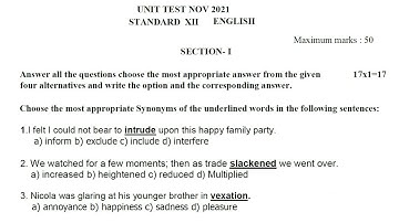 12th English Unit Test Question Paper 2021-22 | 12th English Mid term test Question Paper 2021-22