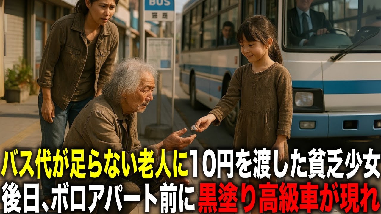 運賃が不足で乗車できない浮浪者に少女が10円を渡す…後日、ボロ部屋に黒塗り高級車が・・・