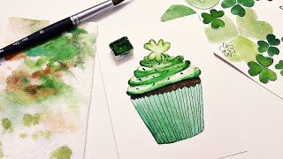 Easy St Patricks Day green cupcake card » how to paint a cupcake in watercolor for beginners