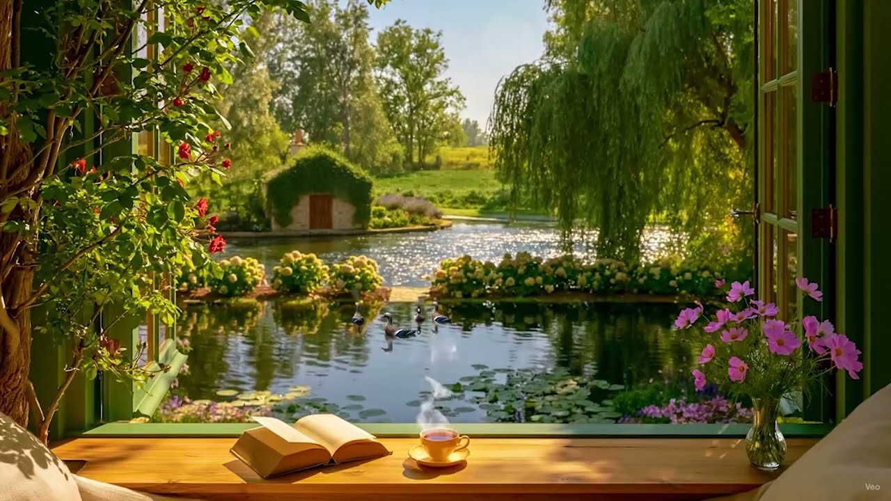 Summer Garden Window View 🕊️🌿 Birdsong, Gentle Water Flow \u0026 Nature Sounds for Relaxation