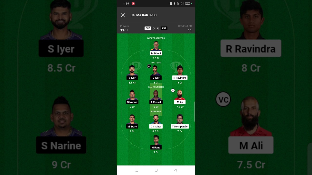 CSK vs KKR Dream11 Team / KKR vs CSK Dream11 Grand League Team / Small League Team  gambhir vs dhoni