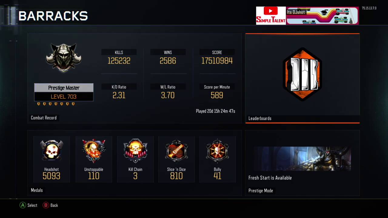 BO3: DJshot Lvl 700 - Combat Record (Stats, Leaderboard Ranks and Medals)