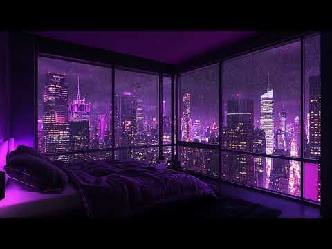 Rain on Wide Glass Overlooking the Skyline | Elegant Bedroom in a Tower Above the City | Deep Sleep