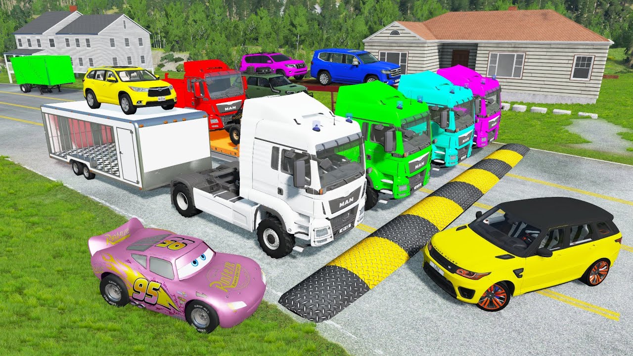 Flatbed Truck McQueen | Transportation with Truck - Pothole vs Car #252| BeamNG.Drive Gameplay