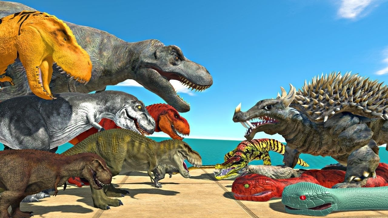 Lava Ship Battle | Tyrannosaurus Rex Team vs Reptiles Team on Ship - Animal Revolt Battle Simulator