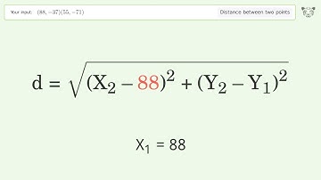 Find the distance between two points p1 (88,-37) and p2 (55,-71): Step-by-Step Video Solution