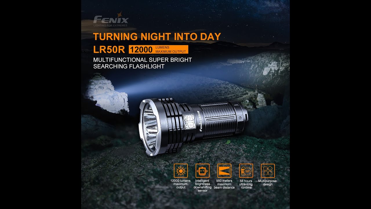 Fenix LR50R 12000 Lumen Rechargeable Flashlight – LED, Strobe, Power Bank, Batteries Included, 6942870307817