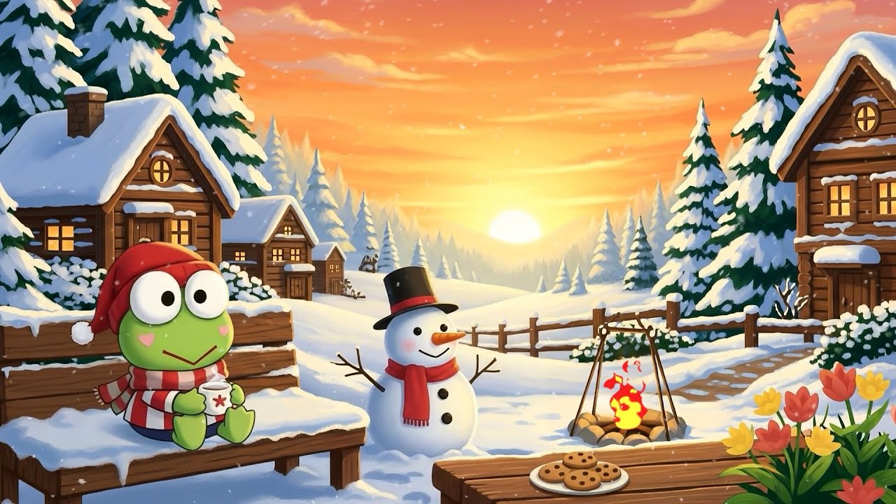 Keroppi’s Golden Winter Morning 🐸 Peaceful Lofi Snowy Village Sunrise ❄️Cozy Holiday Calm to Relax