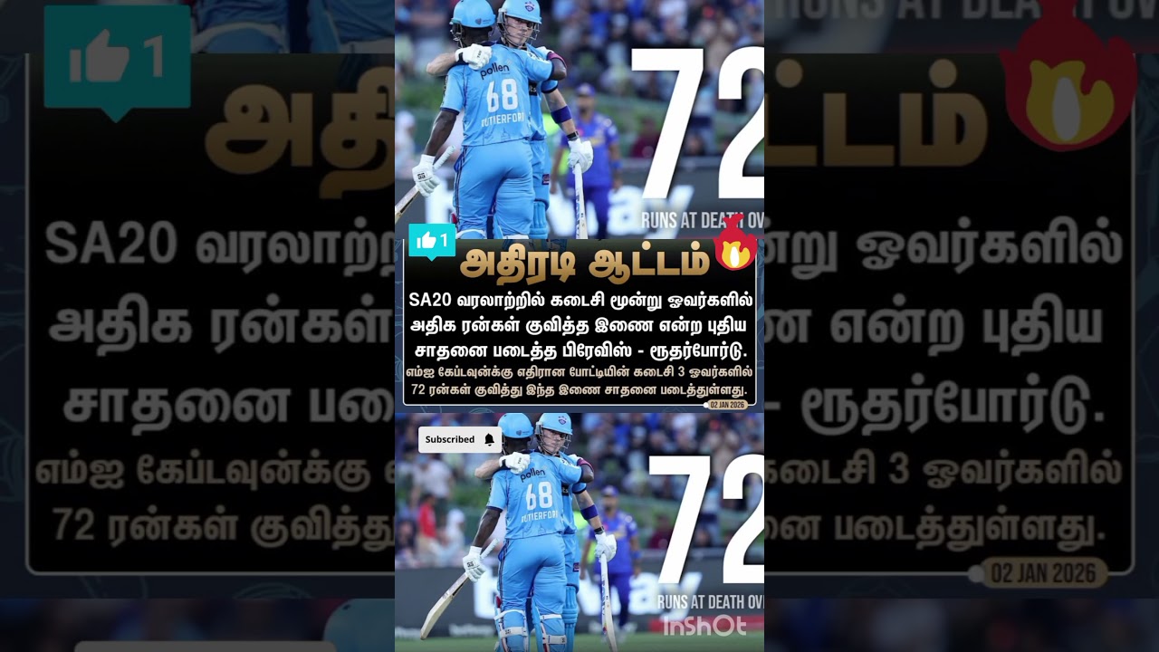அதிரடி ஆட்டம்SA20 வரலாற்றில் கடைசி மூன்று ஓவர்களில் அதிக ரன்கள் குவித்த இணை என்ற புதிய ..!