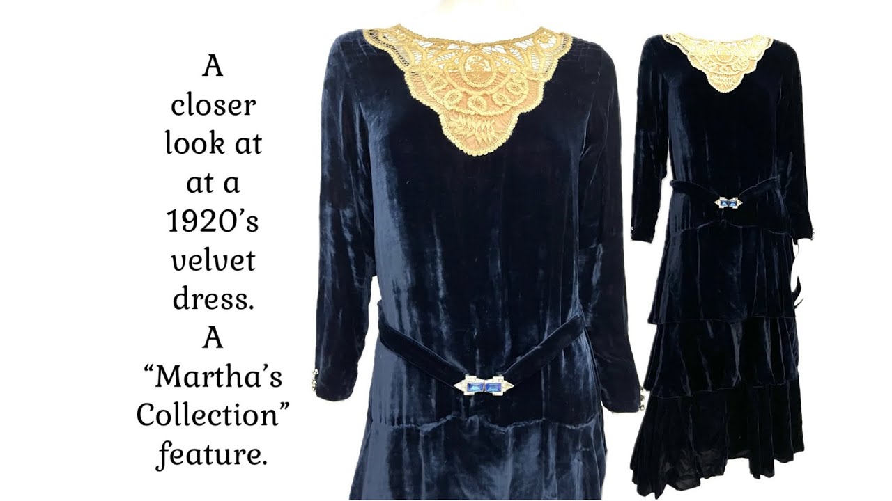 Более пристальный взгляд на бархатное платье 1920-х годов, чешские пуговицы, пряжка в стиле ар-де...