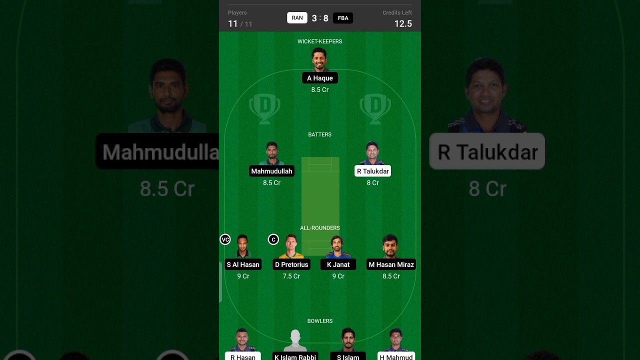 Bangladesh premier League today match dream 11 team RAN vs FBA 
