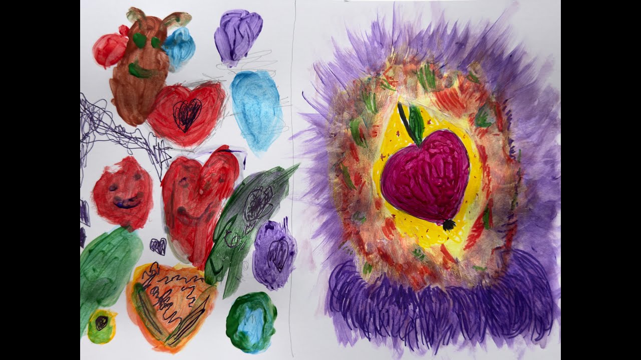 Abstract painting – Little girl & mommy, The Little Hearts Family, Butterfly, Fairy Apple