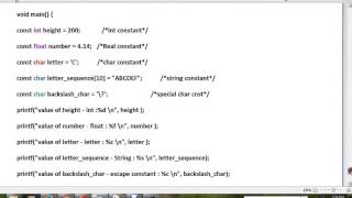 C CONSTANTS INT FLOAT CHAR SAMPLE PROGRAM