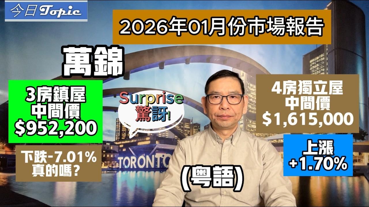 (粵) 不要再說房價跌了,安省 #萬錦1月份 4房雙車庫獨立屋房價升1.67%,已經連續升了3個月 #3房鎮屋沒升跌 #多倫多地產經紀 # 2026年1月份萬錦市場報告 #案例分析