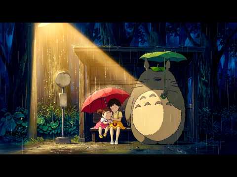 Rainy Bus Stop After Dark: 4 Hours of Relaxing My Neighbor Totoro Music ☁️ No Mid-Roll Ads