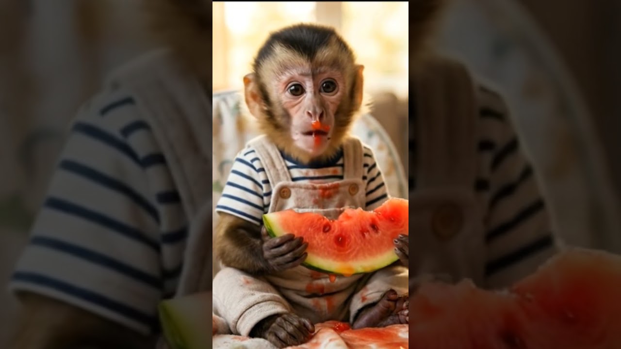 A baby monkey in cute clothes eats watermelon for the first time 🍉Pure joy and adorable reaction 😍