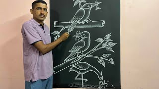 Three birds drawing very easy ||🐦‍⬛😳 #easybirdart #ytart #chalkart 