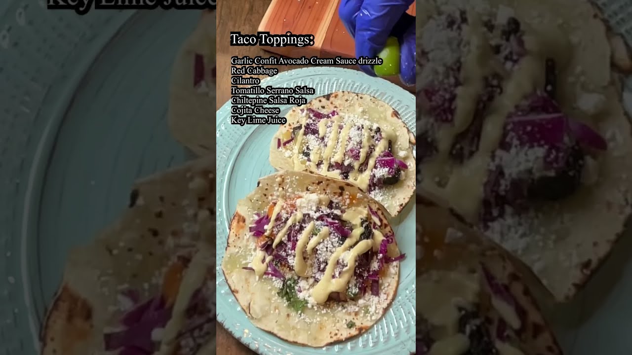 MESQUITE SMOKED FILIPINO MEXICAN PORK BELLY TACOS WITH AN AVOCADO GARLIC CONFIT CREAM SAUCE