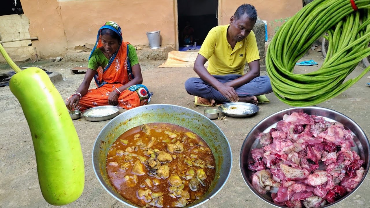 rural cooking and eating CHICKEN curry with BOTTLE Gourd and borboti aloo bhaja||tribe village life