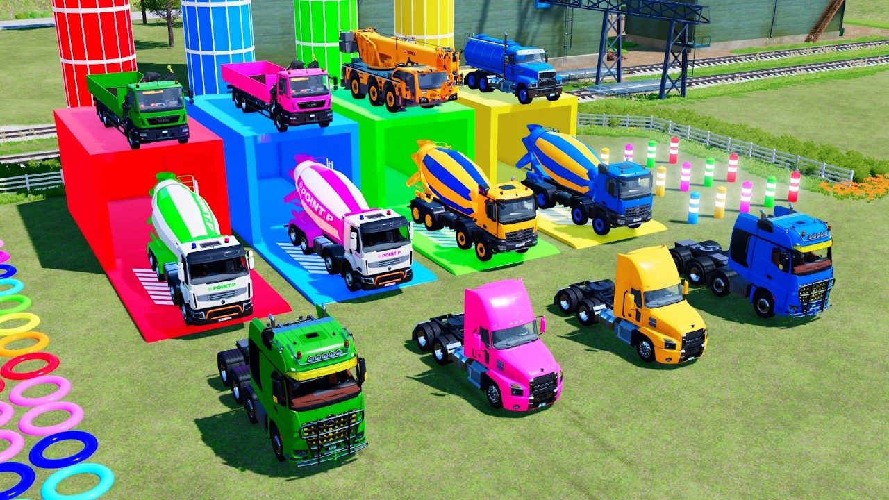 COLORFUL TRUCKS DRIVING Around the Railway Tracks! Epic FS22 Full Color Truck Challenge!