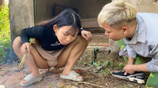 A beautiful girl with a farmer grilling delicious sausages. || Part 2