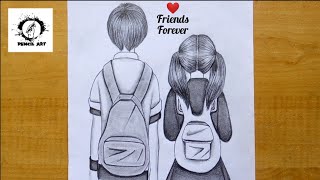 Cute School Friends Drawing From Back Side Easy School Boy And Girl Friendship Day Drawing Youtube