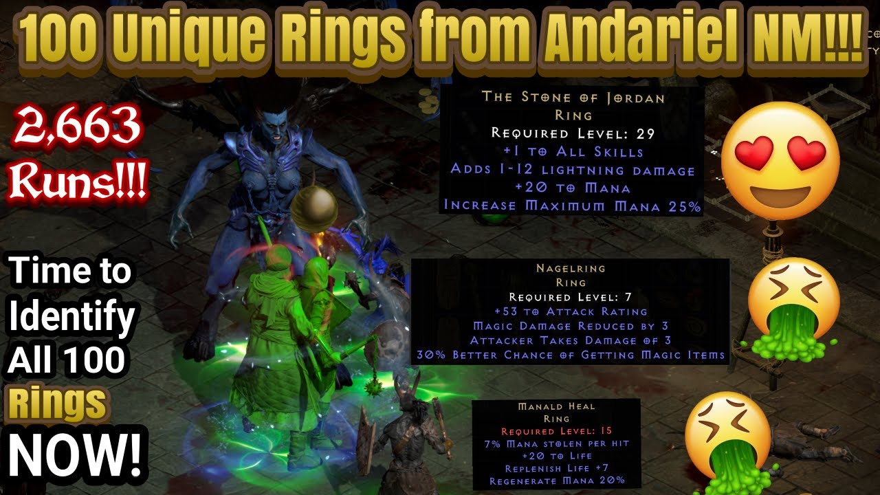 100 Unique Rings From Andariel Nightmare. Time to identify all 100!!! How many SOJ's will I have?!?