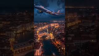 Airbus A350-900 in flight overlooking the Rialto Bridge of Venice. Landing at Venice Airport, Italy.