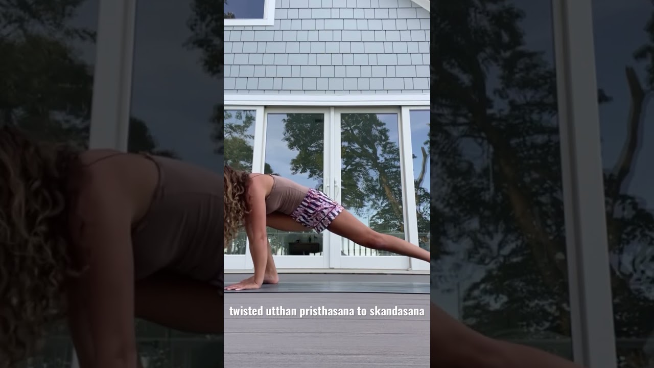 Yoga pose transition: Twisted lizard lunge to half squat pose