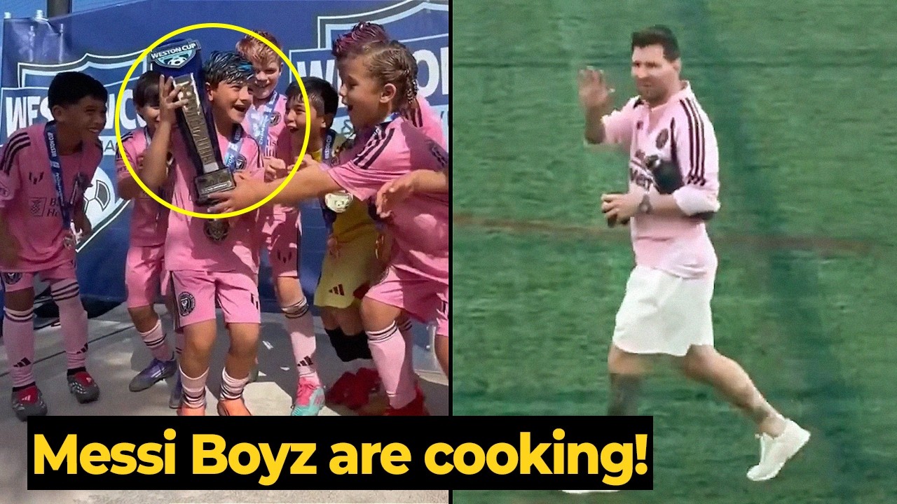 Реакция Месси на то, как Чиро Месси поднимает Кубок Уэстона среди игроков до 8 лет.