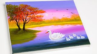 Sunset by the Lake Painting | Autumn Lake  Landscape Painting | Acrylic Painting For Beginners