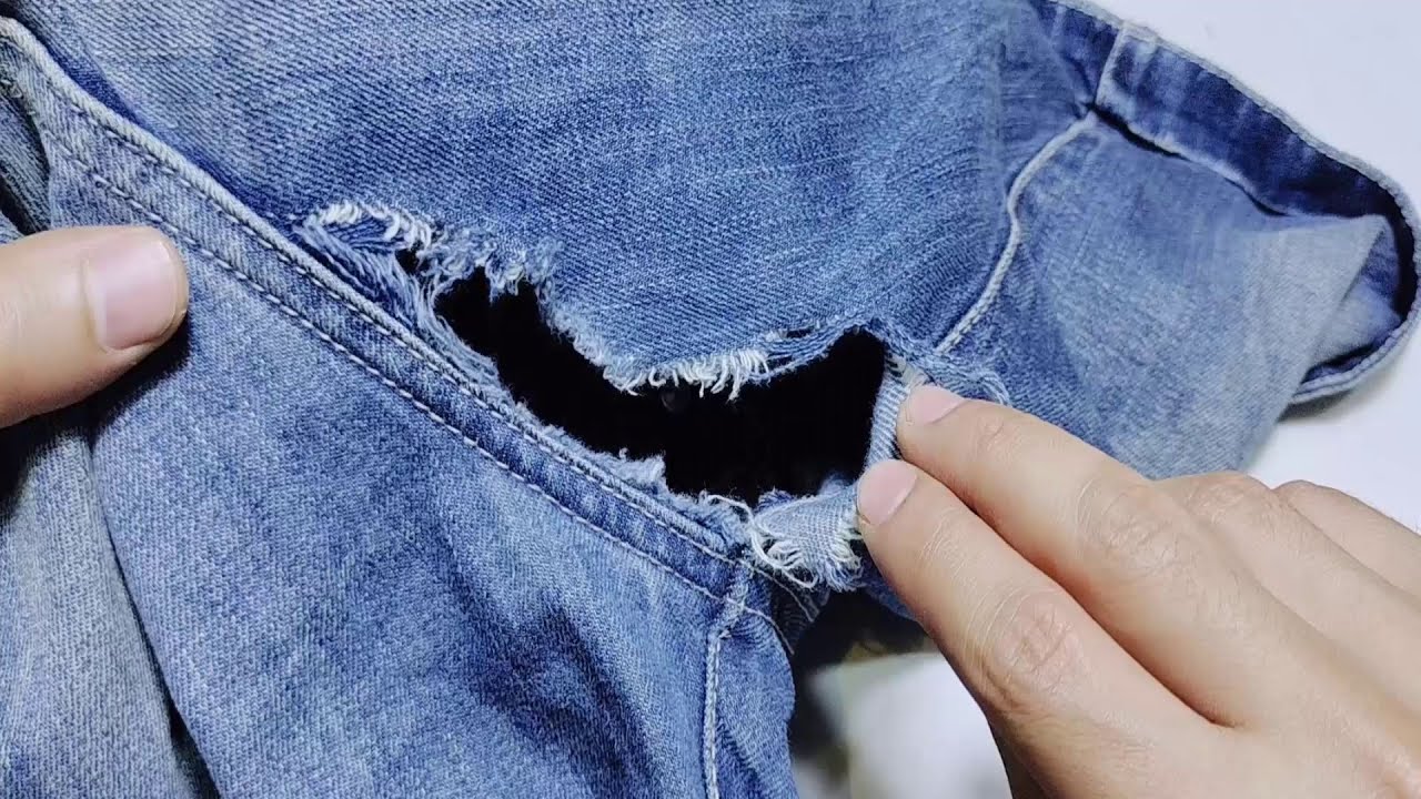 How to sew a hole on jeans between the legs / repair jeans - YouTube