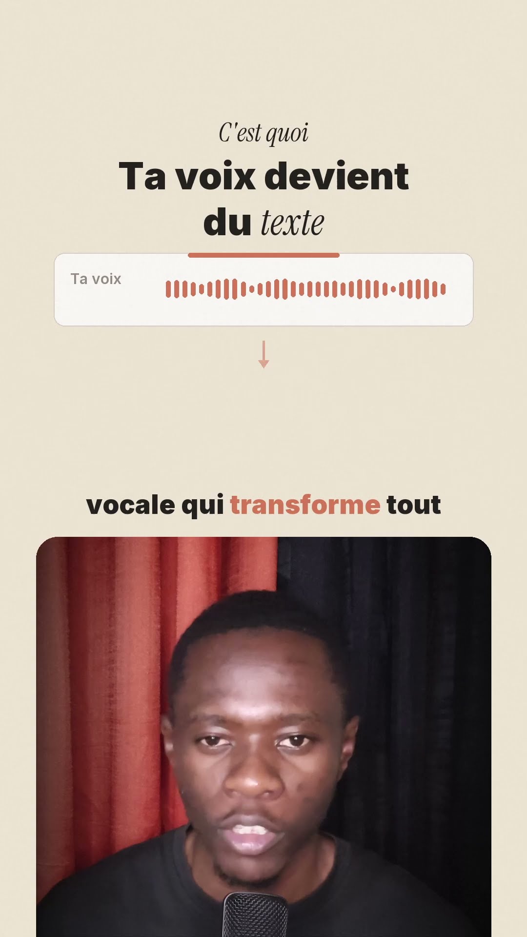 Miniature verticale de la vidéo : le titre « Ta voix devient du texte » au-dessus de Joe, face caméra.