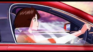 Background 4k with anime girl driving a rushing modern car. Beautiful screensaver.