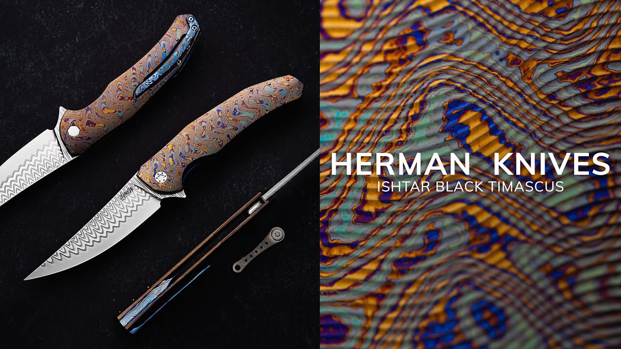 FOLDING KNIFE FOLDER ISHTAR 3 BLACK TIMASCUS DAMACORE FULL DRESS HERMAN KNIVES