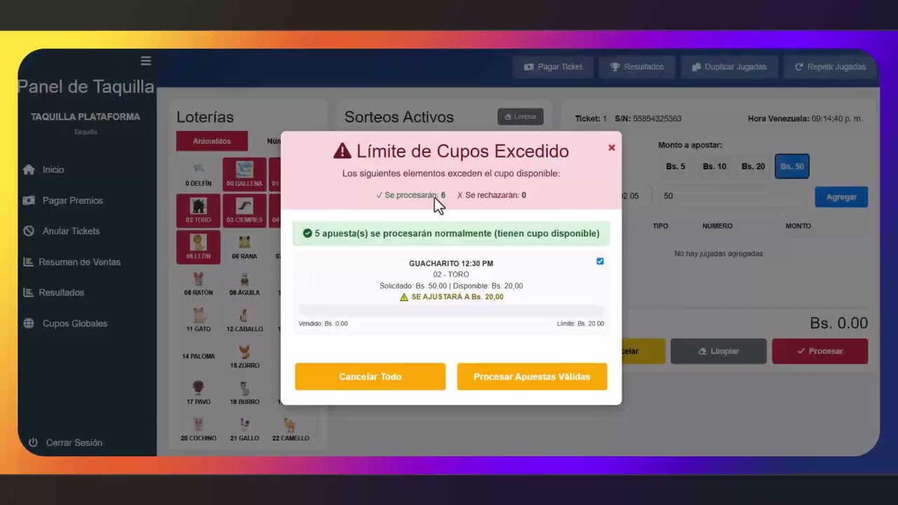 DEMO Y MUESTRA DE CUPOS EN SISTEMA LOTTO ANIMAL PRO. VENTAS DE ANIMALITOS ONLINE