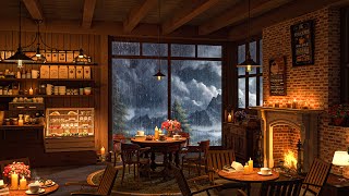 Relaxing Piano Jazz Music in Cozy Coffee Shop 🌧️ Rainy Night Ambience with Fireplace for Work, Study