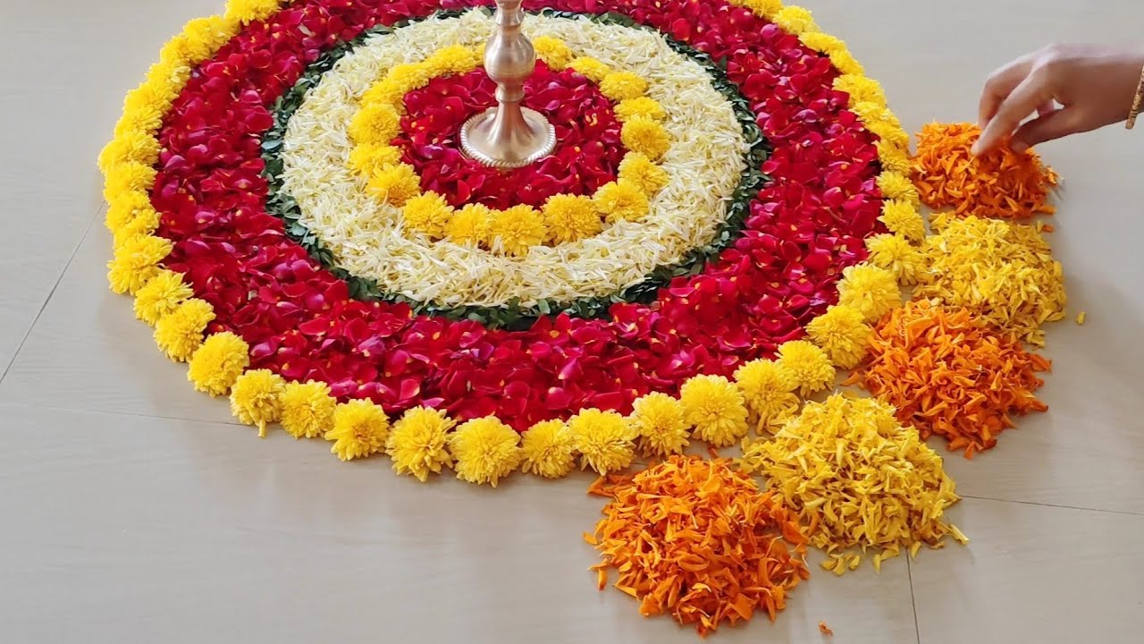 9 flower rangoli designs || Diwali flower decoration ideas ...