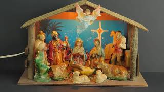 Vintage lighted, musical Nativity set, creche, 1950s Religious Christmas decoration, indoor display.