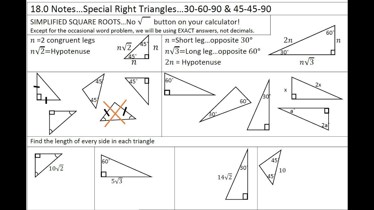 18.0 Notes Special Right Triangles 306090 & 454590