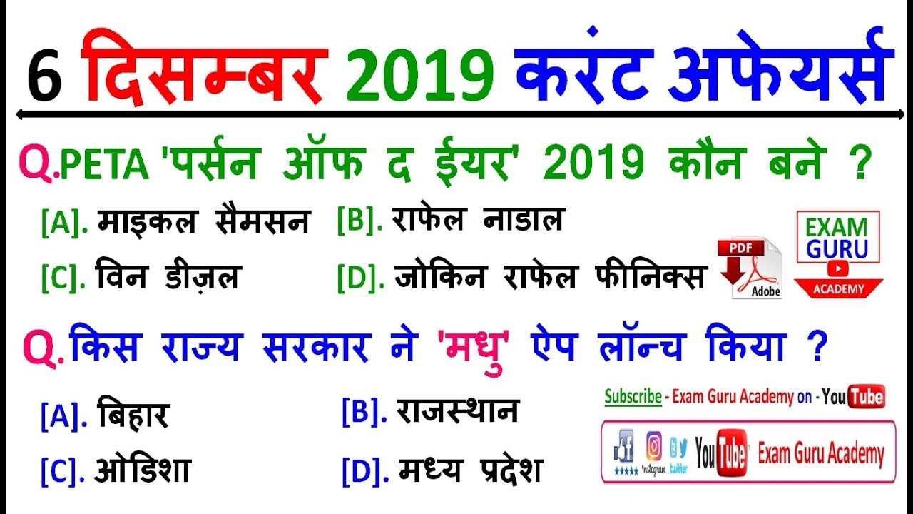 6 December 2019 Daily Current Affairs MCQ | For - All Comptitive Exams ...