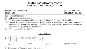CLASS-8 MATHS / PT-2 Exam Qestion Paper /KV CBSE / Periodic Test-2 For Kendriya Vidyalaya Students