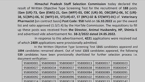 ||HPSSC Veterinary Pharmacist (958) Screening Test Result Declare|| Job Notification ||Dark Study||